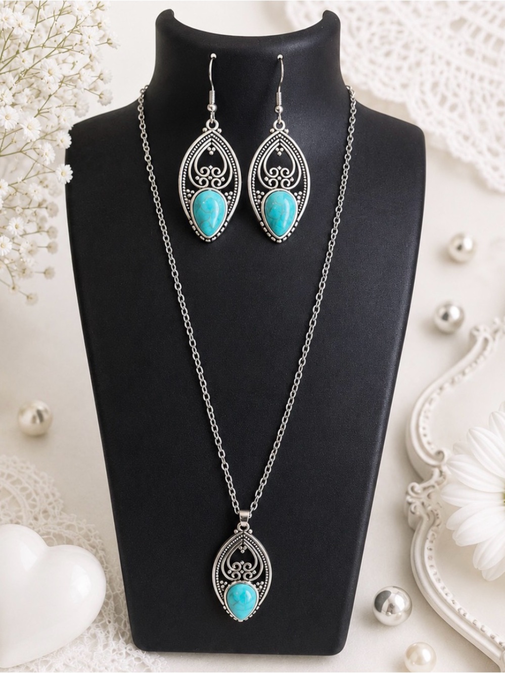 Turquoise Teardrop Pendant Necklace & Earrings Set - Silver Tone Hardware